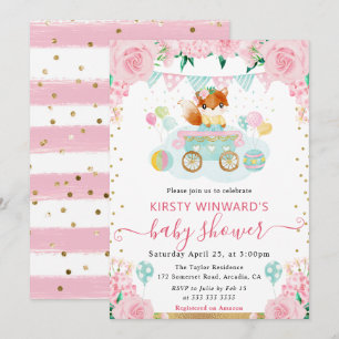 Invitation Fleurs roses à l'aquarelle Baby Shower Renard