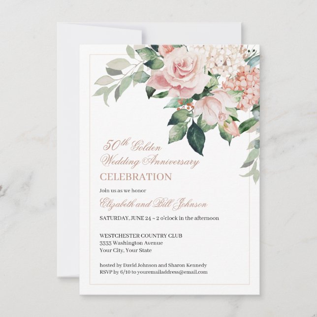 Invitation Fleurs roses aquarelle 50e anniversaire de mariage (Devant)
