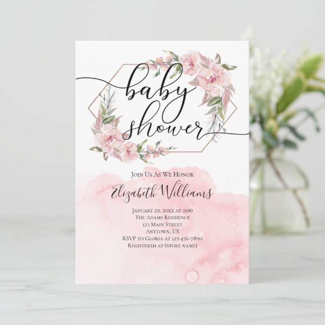 Invitation Fleurs roses Aquarelle Baby shower fille (Debout devant)