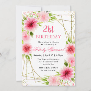 Invitation Fleurs roses aquarelle cadre doré 21e anniversaire