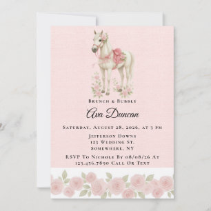 Invitation Fleurs roses Aquarelle Cheval Brunch & Bubbly