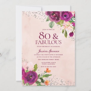 Invitation Fleurs roses Aquarelle Retour 80e fête d'anniversa
