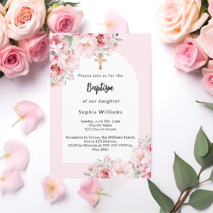 Invitation Fleurs roses arc croix or croix fille baptême