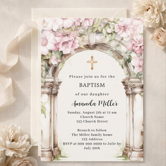 Invitation Fleurs roses arche beige fille Baptême (Créateur téléchargé)