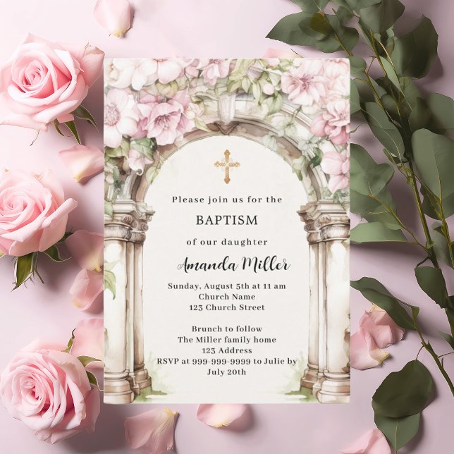 Invitation Fleurs roses arche beige fille Baptême (Créateur téléchargé)