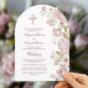 Invitation Fleurs Roses Arche Mariage Religieux