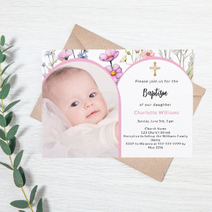 Invitation Fleurs roses arche photo fille croix Baptême