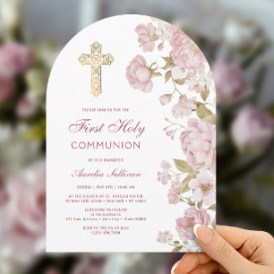 Invitation Fleurs Roses Arche Première Communion