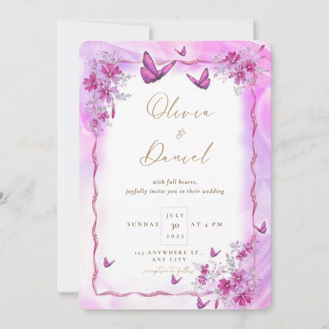 Invitation Fleurs roses avec papillons Mariage (Devant)
