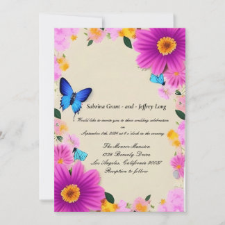 Invitation Fleurs roses avec papillons Mariage