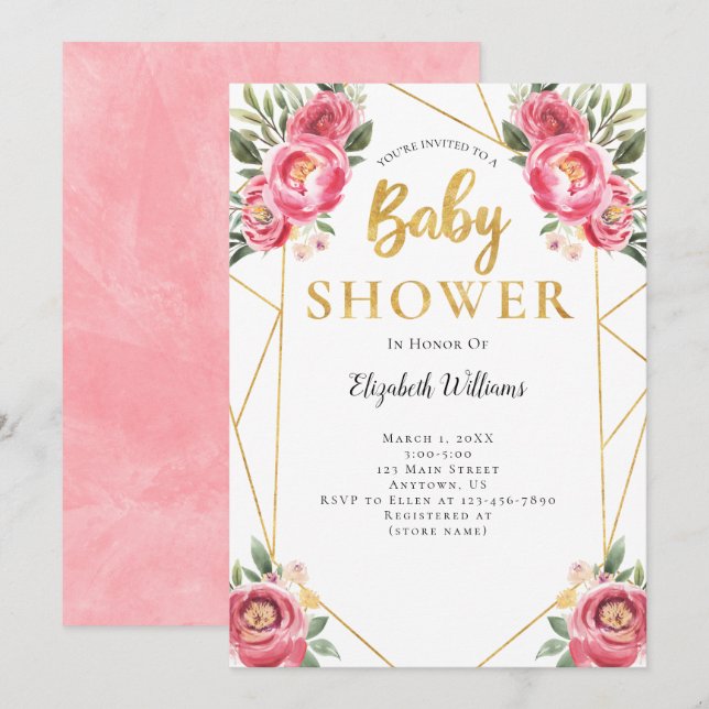 Invitation Fleurs roses Baby shower de cadre géométrique (Devant / Derrière)