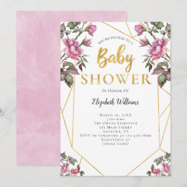 Invitation Fleurs roses Baby shower de cadre géométrique