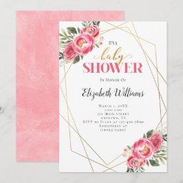Invitation Fleurs roses Baby shower de cadre géométrique