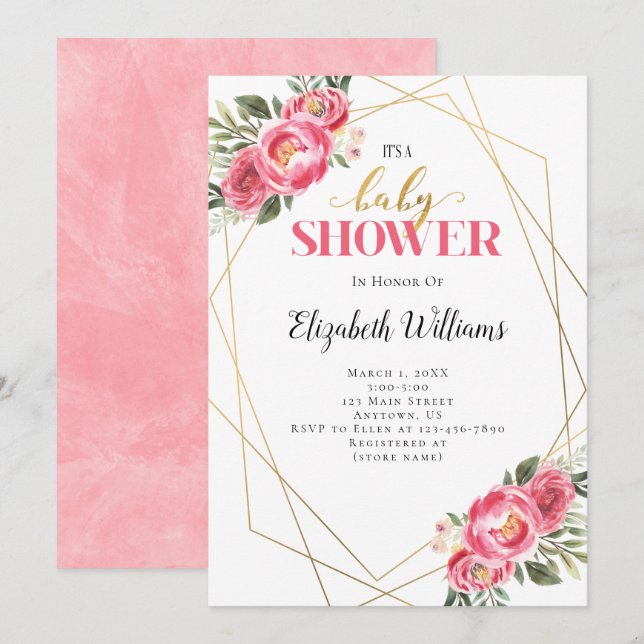 Invitation Fleurs roses Baby shower de cadre géométrique (Devant / Derrière)