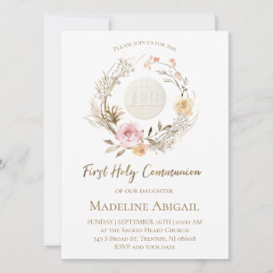 Invitation fleurs roses beige Eucharistie Première Communion