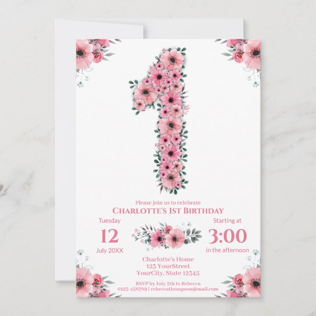 Invitation Fleurs roses Big 1er Anniversaire Fille Foliage ve (Devant)