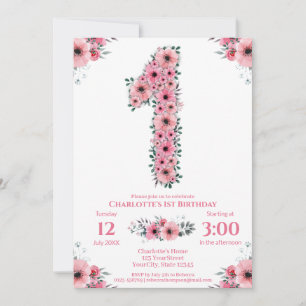 Invitation Fleurs roses Big 1er Anniversaire Fille Foliage ve