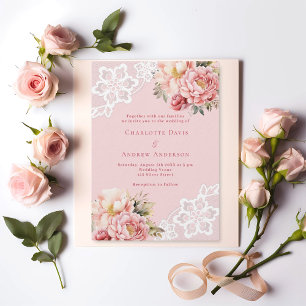 Invitation Fleurs roses blanc dentelle mariage premium
