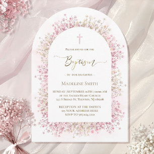 Invitation fleurs roses blanches aquarelle Baptême