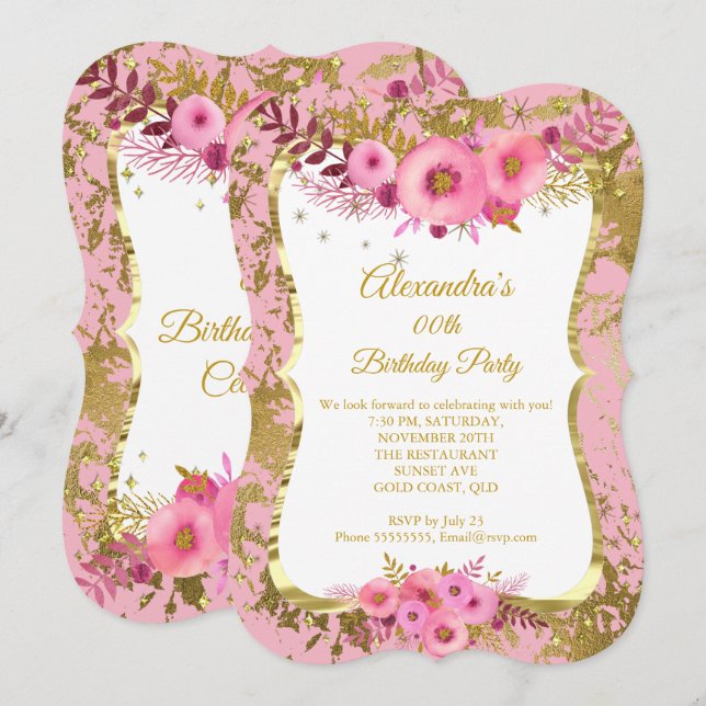 Invitation Fleurs roses blanches Gold Anniversaire Party 2 (Devant / Derrière)