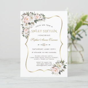 Invitation Fleurs roses blanches modernes Gold Frame Sweet 16