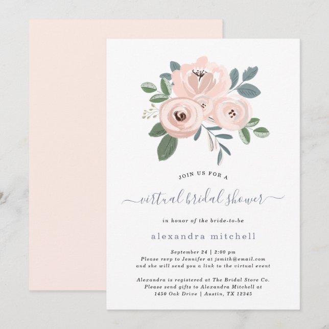 Invitation Fleurs Roses Blancs Élégantes| Fête de l'mariée vi (Devant / Derrière)