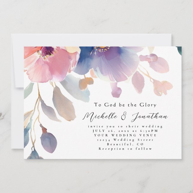 Invitation Fleurs Roses Bleues Chrétienne Bible Verse Mariage (Devant)