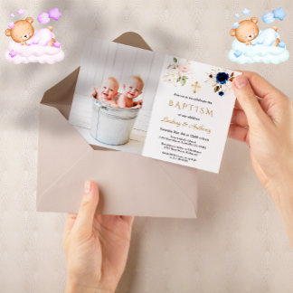 Invitation Fleurs Roses Bleues Croix Twins Photo Baptême