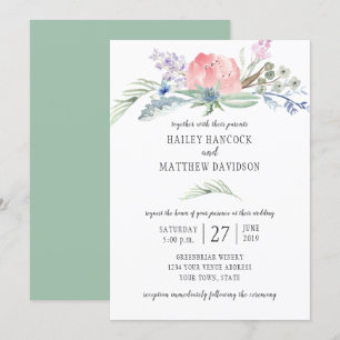 Invitation Fleurs roses bleues de Sage Green Mariage de verdu