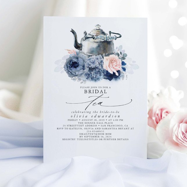 Invitation Fleurs Roses Bleues Douces Elégant Thé Fête des ma (Bridal Tea Party Elegant Bridal Shower Invitations With Dusty Blue and Pink Flowers)