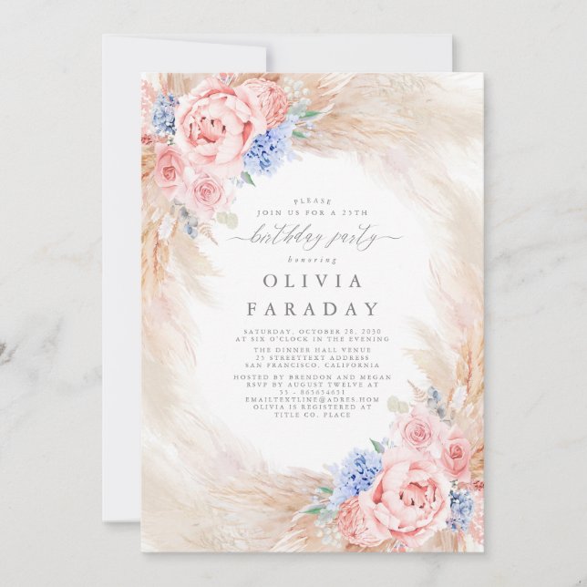 Invitation Fleurs Roses Bleues Dusty Pampas Grass Anniversair (Devant)