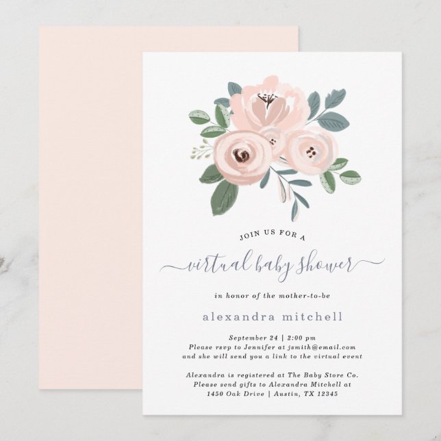 Invitation Fleurs Roses Bleues Élégantes | Baby shower virtue (Devant / Derrière)