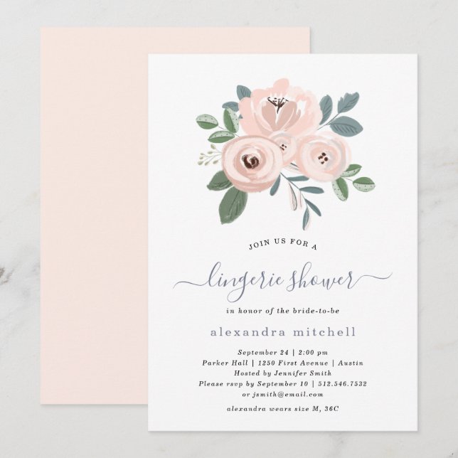 Invitation Fleurs Roses Bleues Élégantes | Douche Lingerie (Devant / Derrière)