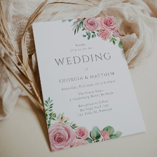 Invitation Fleurs Roses Bleues Élégantes Mariage