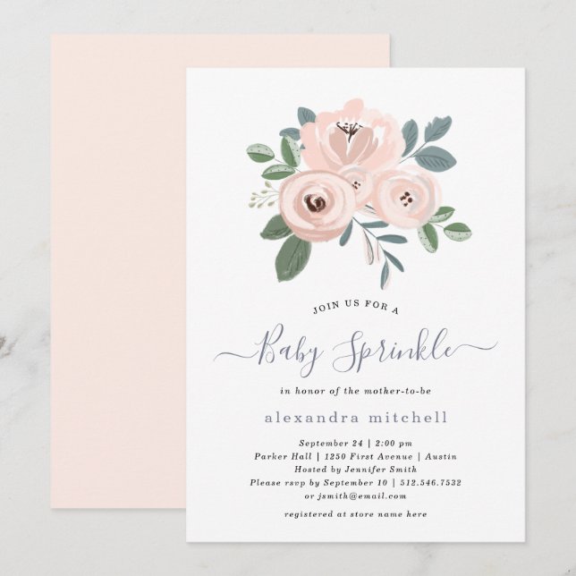 Invitation Fleurs Roses Bleues Élégantes | Saupoudrer bébé (Devant / Derrière)