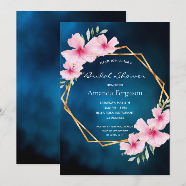 Invitation Fleurs roses bleues Fête des mariées géométrique (Devant / Derrière)