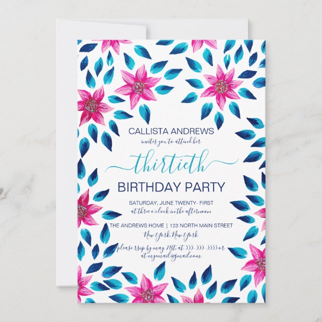 Invitation Fleurs Roses Bleues Feuilles Paint Acrylique Anniv (Devant)