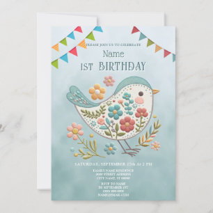 Invitation Fleurs roses Bleues Petites Oiseaux Fête d'Anniver