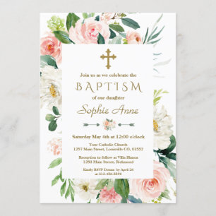 Invitation Fleurs Roses Blush Bloom Gold Cross Baptême