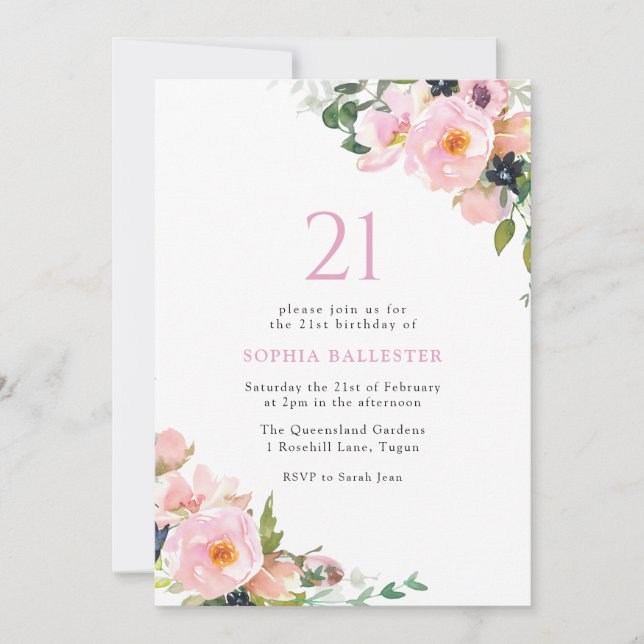 Invitation Fleurs Roses Blush Femmes 21ème anniversaire fête (Devant)