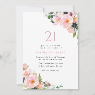 Invitation Fleurs Roses Blush Femmes 21ème anniversaire fête