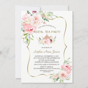 Invitation Fleurs Roses Blush Gold Bridal Tea Party