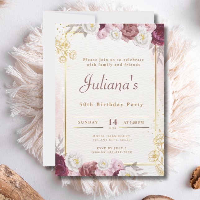 Invitation Fleurs roses Boho Élégante fête du 50e anniversair (Créateur téléchargé)