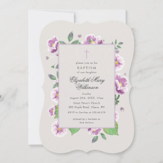 Invitation Fleurs roses botaniques Baptême élégant