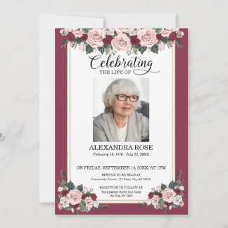 Invitation Fleurs Roses Bourgogne Célébration de la Vie Photo