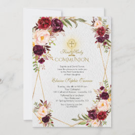 Invitation Fleurs roses Bourgogne Or Première Communion Saint