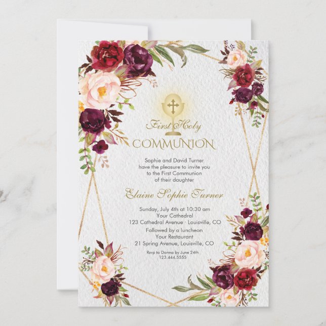 Invitation Fleurs roses Bourgogne Or Première Communion Saint (Devant)