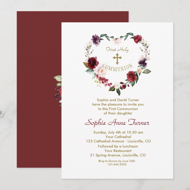 Invitation Fleurs roses Bourgogne Or Première Communion Saint (Devant / Derrière)