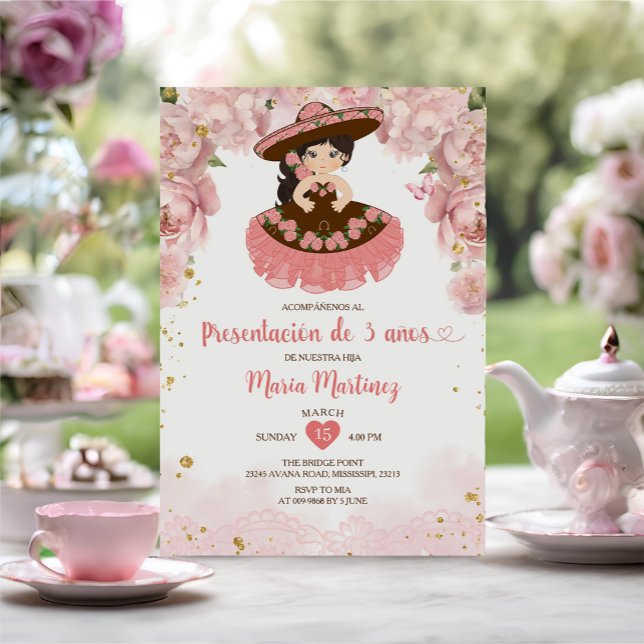 Invitation Fleurs roses Brown Presentación De Tres Años (Créateur téléchargé)