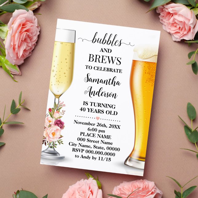 Invitation Fleurs roses bulles et brasse Adultes Anniversaire (Créateur téléchargé)